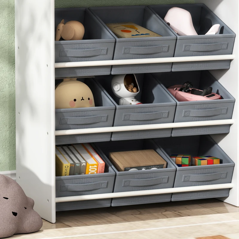 AIYAPLAY Estante de almacenamiento para niños, estante de juguetes para niños con 11 cajas de tela, estantes superiores, 3 pegatinas
