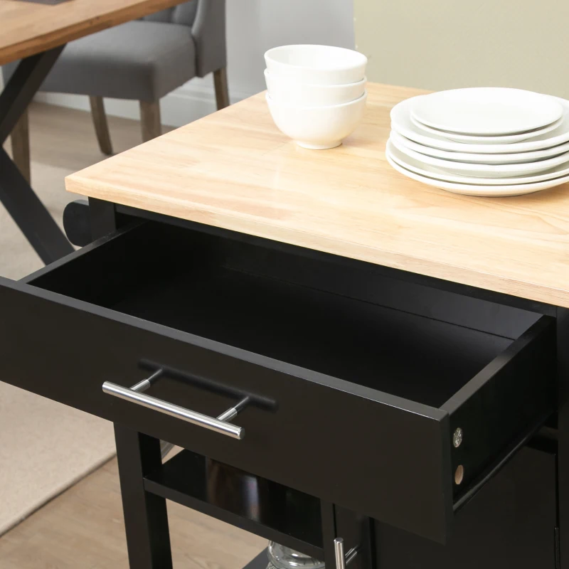 HOMCOM Carrello Da Cucina A Ruote - Stile Contemporaneo, Porta, Cassetto, 3 Ripiani - Maniglie In Metallo - Piano In Legno Di Gomma Nero