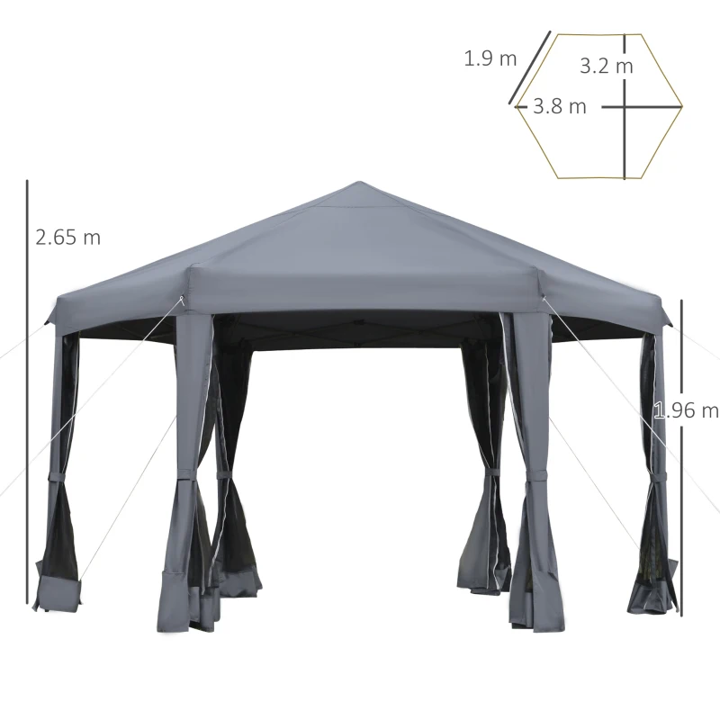 Outsunny 3.2m Pop Up Gazebo Hexagonal Canopy Tent for Outdoor Sun Protection, Includes Mesh Sidewalls and Handy Bag, Grey