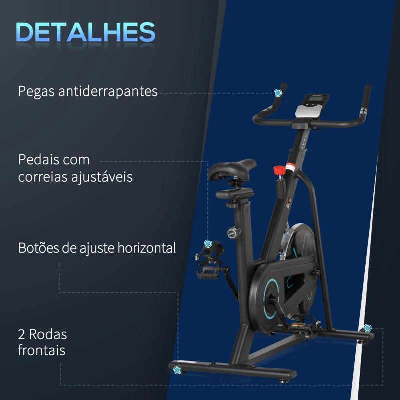 HOMCOM Bicicleta Estática com Volante de Inércia de 6,5kg Bicicleta Fitness com Assento e Guiador com Altura Ajustável Ecrã LCD e Rodas para Casa 110x52x105x120cm Preto