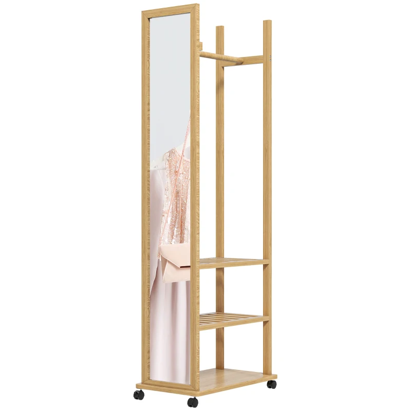 HOMCOM Espejo de Pie con Ruedas y Multi-Almacenamiento 1 Barra Perchero 3 Estantes Inferiores para Habitación de Entrada en Madera