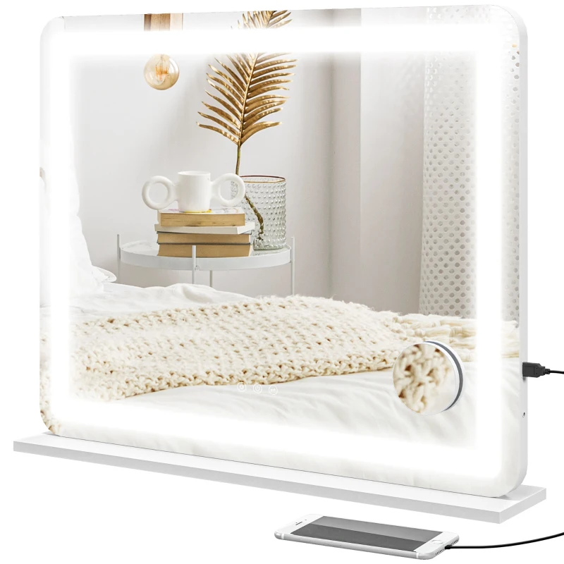 HOMCOM Espejo luminoso LED intensidad 3 modos de iluminación aumento 10X puerto de carga USB control táctil - 80x62 cm