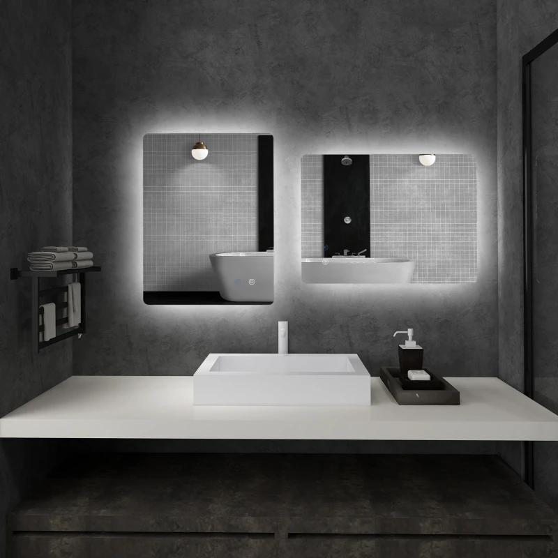 kleankin Espejo rectangular mural iluminado LED de baño 70x50 cm 3 colores luminosidad ajustable Blanco transparente