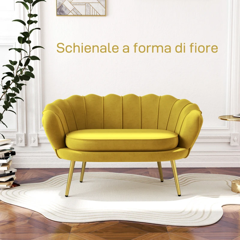 HOMCOM Divanetto 2 Posti in Stile Industrial Chic in Tessuto Effetto Velluto e Metallo, 130x77x77 cm, Giallo