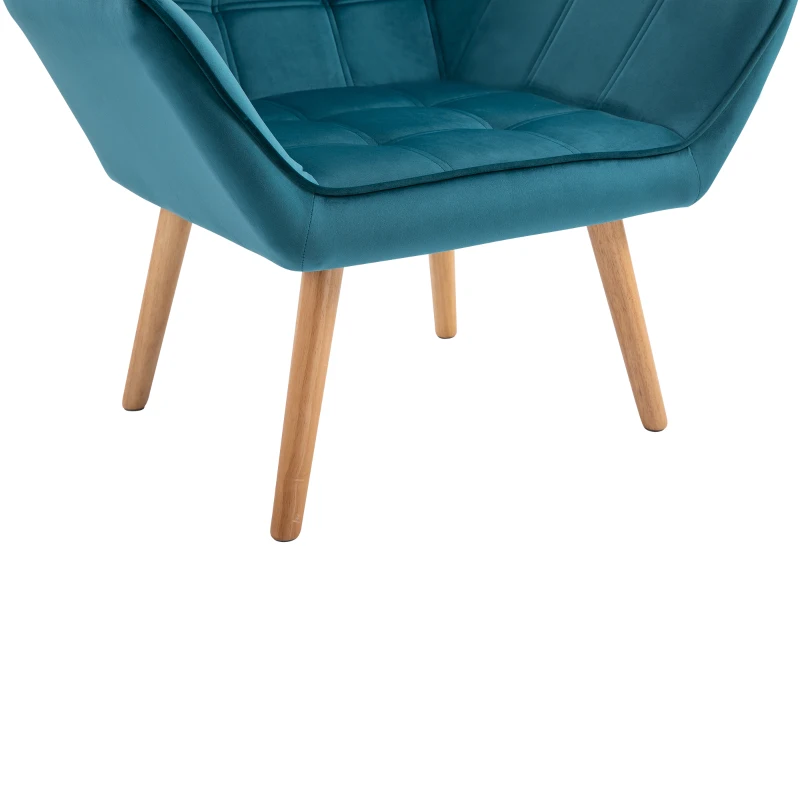 HOMCOM Butaca de Habitación Diseño Escandinavo Butaca de Terciopelo y Madera Color Azul para Sala de Estar u Oficina 67x61,5x71 cm