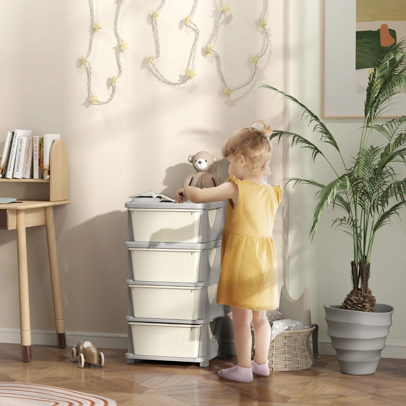 HOMCOM Cajas de almacenamiento para niños, 4 grandes cajones, bordes redondeados, plástico, 37x37x76 cm, Crema