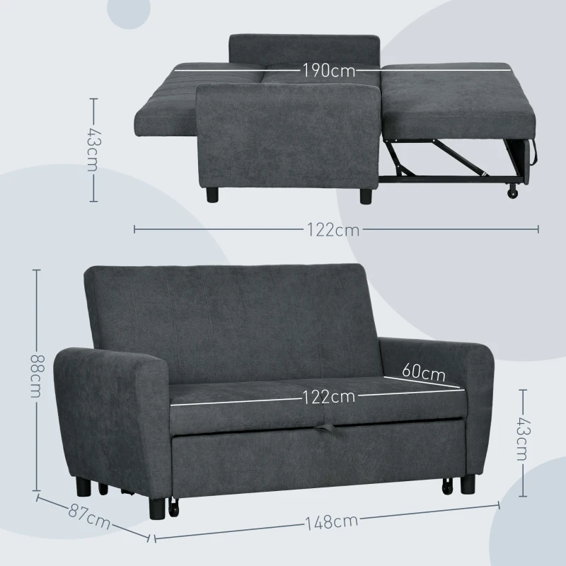 HOMCOM Divano Letto Clic Clac con Schienale Regolabile su 3 Livelli, in Tessuto Effetto Velluto, 148x87x88 cm, Grigio