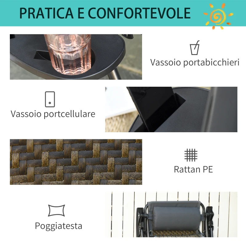 Outsunny Sedia a Sdraio da Giardino in Rattan Pieghevole con Poggiatesta e Vassoio, Prendisole Struttura in Acciaio, Grigio, 65x70x110cm
