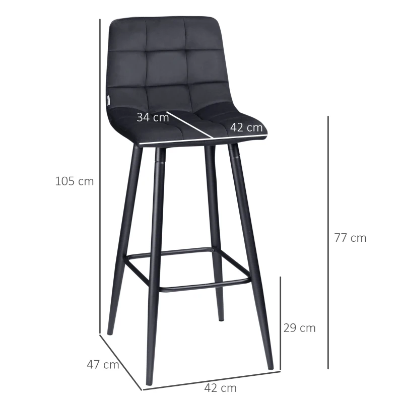 HOMCOM Conjunto de 2 Taburetes de bar diseño escandinavo revestimiento de terciopelo estructura de metal patas antideslizantes