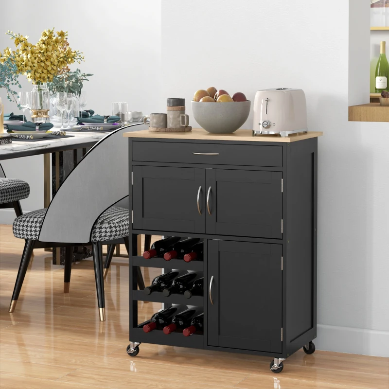 HOMCOM Carrito de Cocina de Madera con Portabotellas 3 Puertas y Cajón 67x37x87 cm Negro y Roble