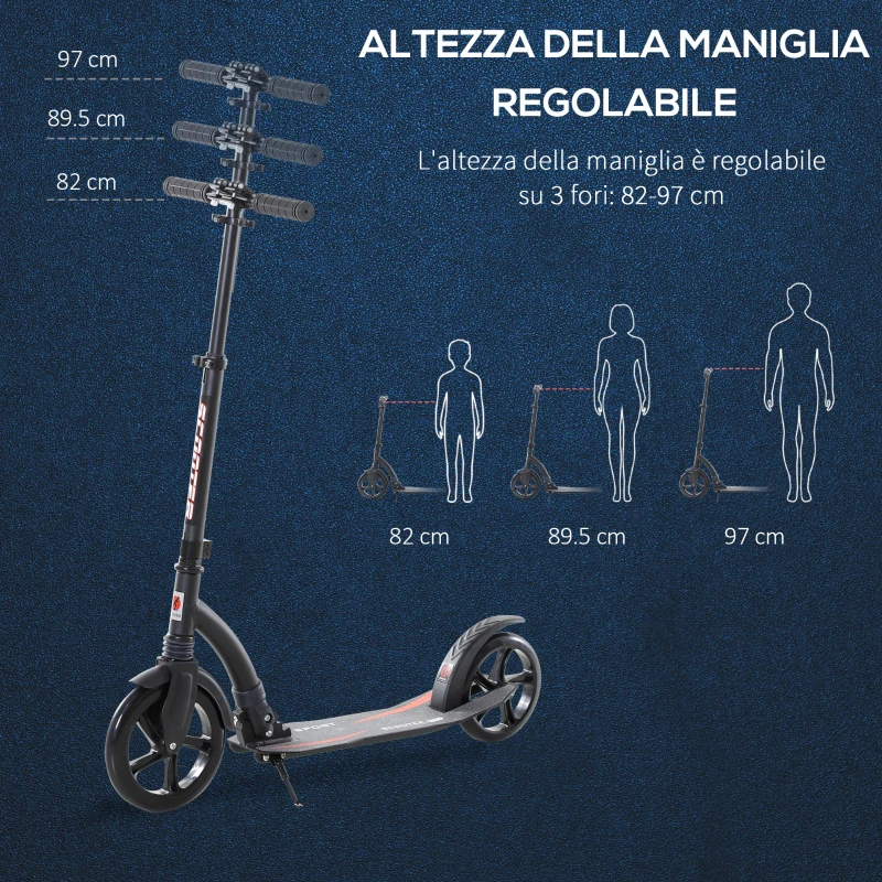 HOMCOM Monopattino a Spinta Pieghevole per Adulti e Bambini in Alluminio, Ruote Grandi, Manubrio Regolabile (87-101.5cm) Fino 100kg, Nero