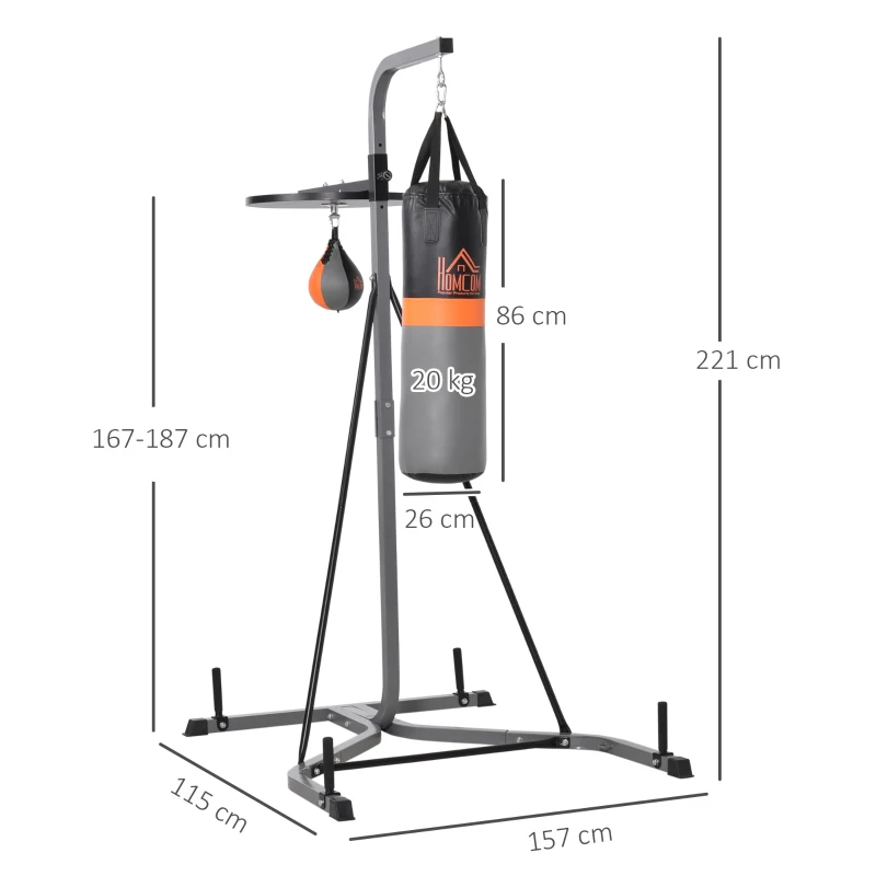 HOMCOM Saco de Boxeo Colgante con Bola de Velocidad Ajustable en Altura de 167-187 cm  e Inflador 115x157x221 cm Negro y Gris