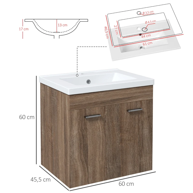 kleankin Mueble bajo lavabo suspendido con lavabo de cerámica y 2 compartimentos 60x45,5x60 cm Marrón claro