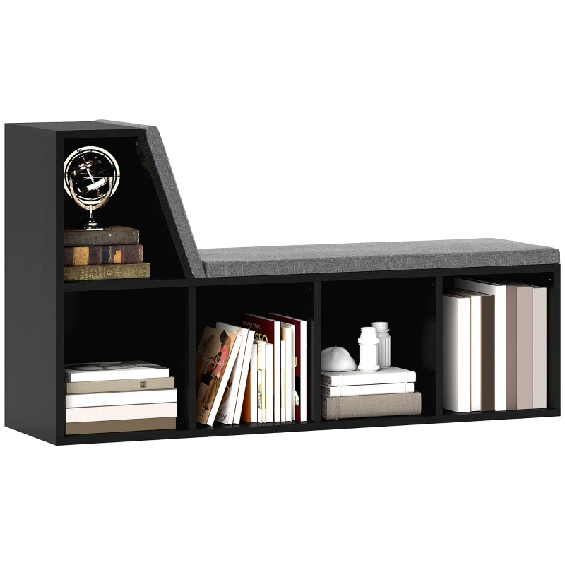 HOMCOM Biblioteca banco 2 en 1 con 5 compartimentos de almacenamiento y 2 cojines 108x30x60 cm Negro Gris