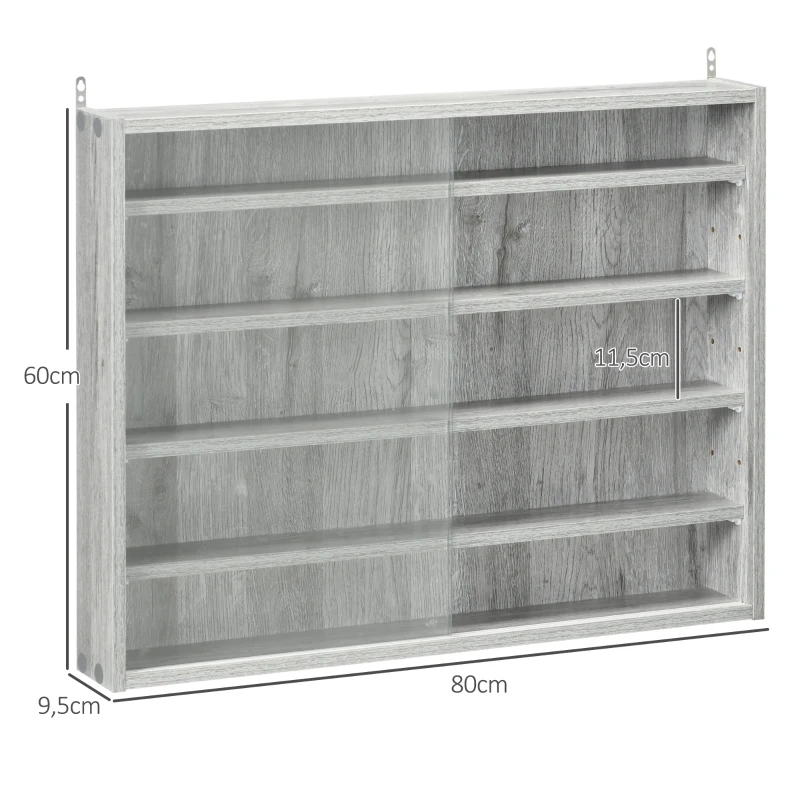 HOMCOM Vitrina de pared para objetivos de colección 5 estantes ajustables en altura y 2 puertas corredizas 80x9,5x60 cm Gris