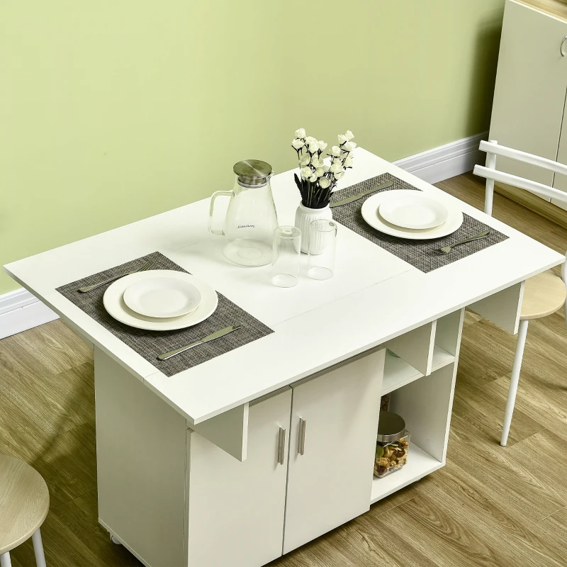 HOMCOM Mesa de comedor plegable mesa plegable con ruedas con compartimentos armario estante 115x73x76 cm Blanco