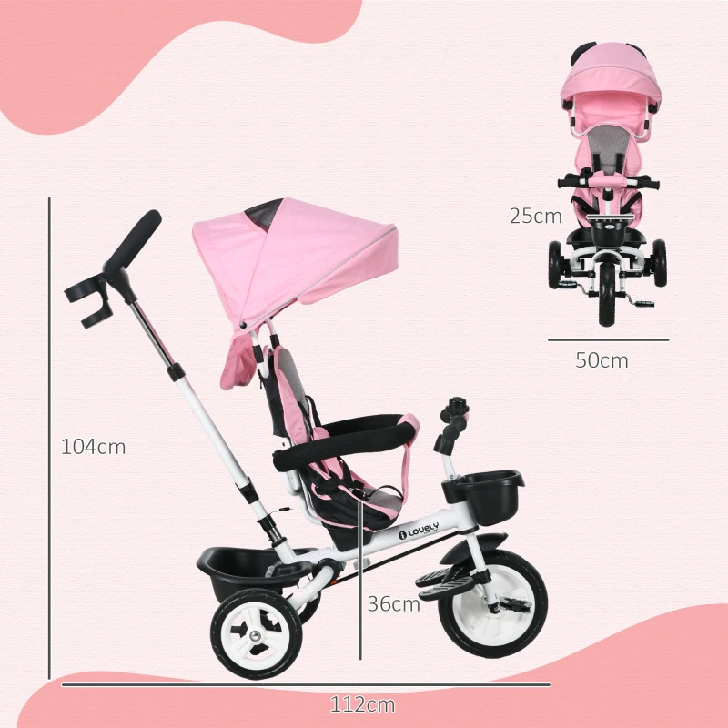 HOMCOM Triciclo Infantil 6 en 1 con Mango de Empuje, Toldo, Cinturón, Cesta, 18+ Meses, Rosa