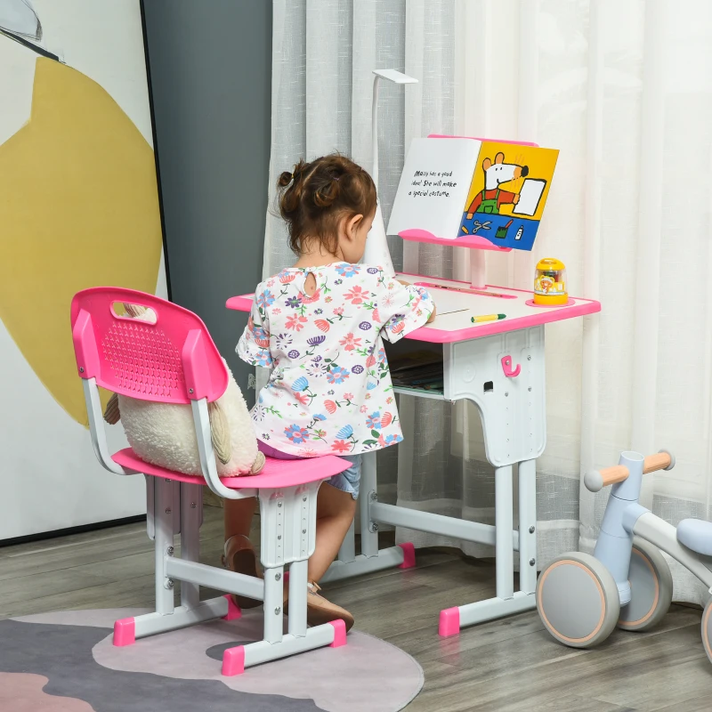 HOMCOM Banco Escuela con Silla para Niños 6-12 Años Altura Ajustable, Lámpara LED, Atril y Portabolígrafos, Acero y MDF, Rosa