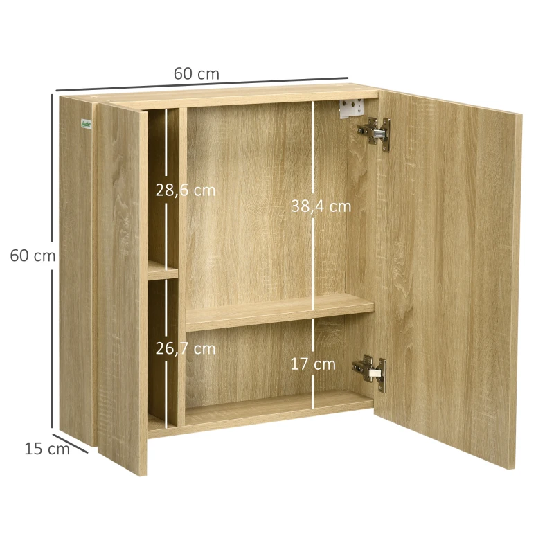 kleankin Armario de pared para baño con espejo estantes y 2 puertas kit instalación mural incluido 60x15x60 cm natural