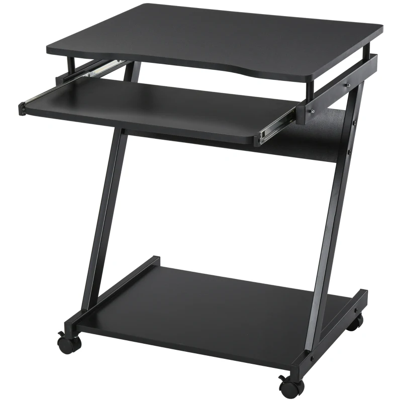 HOMCOM Escritorio Informativo Rodante - Escritorio Móvil - Mesa de Ordenador - Bandeja deslizante Teclado + Estante - Negro