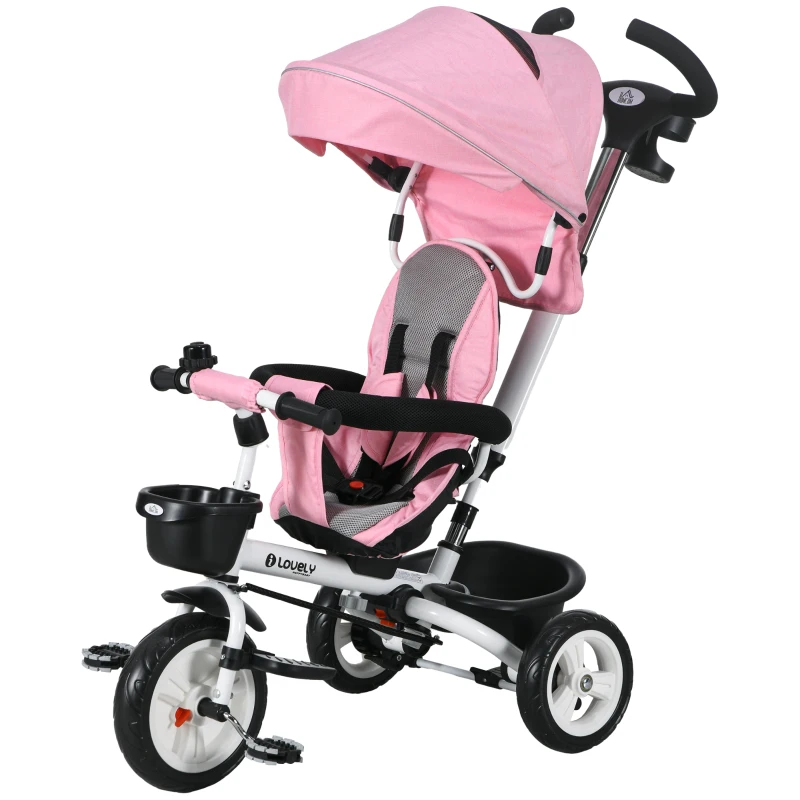 HOMCOM Triciclo Infantil 6 en 1 con Mango de Empuje, Toldo, Cinturón, Cesta, 18+ Meses, Rosa
