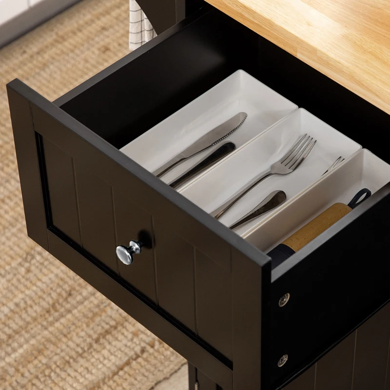 HOMCOM Carrello Isola da Cucina con Molti Spazi di Archiviazione, 1 Cassetto, 2 Armadietti, 3 Porte, con Ripiano Porta Strofinacci, Legno di Gomma, Nero
