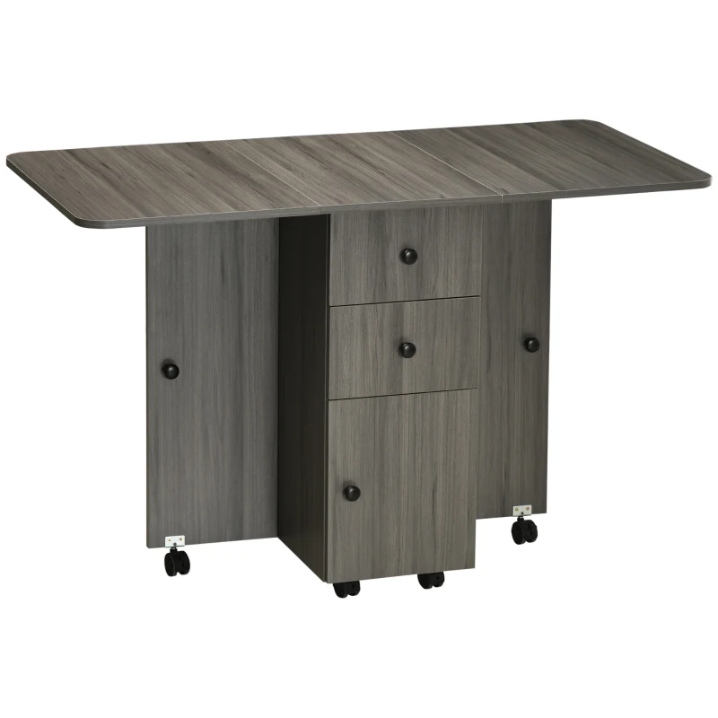 HOMCOM Mesa de cocina plegable mesa de comedor plegable 2 paneles abatibles con 2 cajones 1 armario Gris