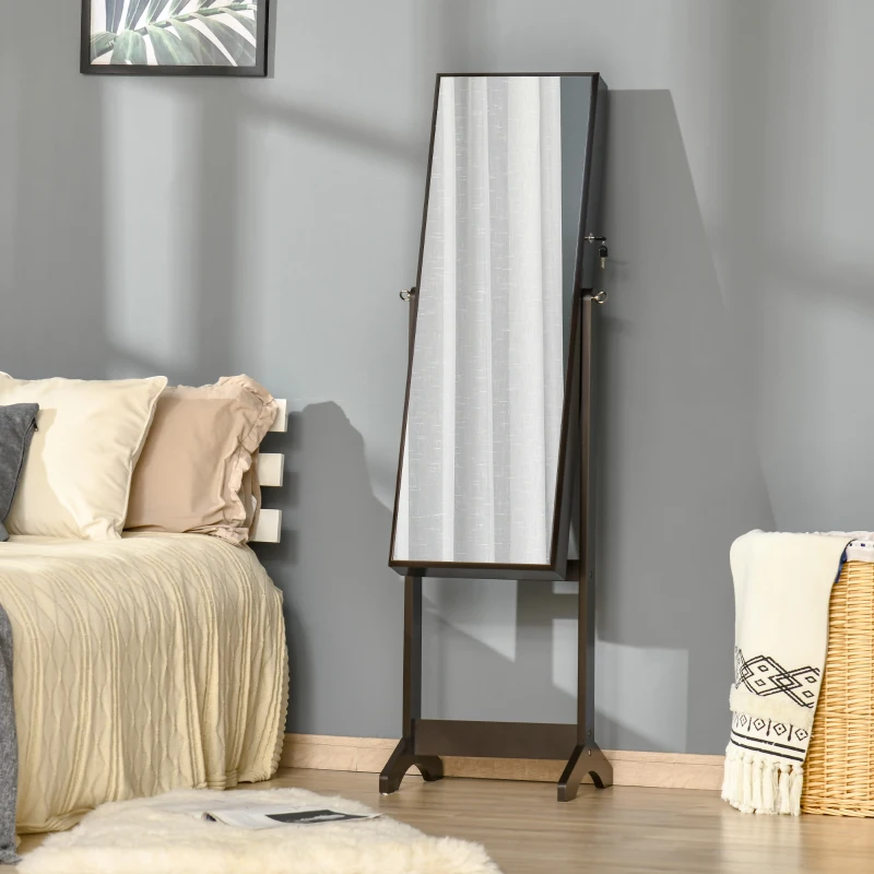 HOMCOM Armario para Joyas con Espejo de Pie Multi-Almacenamiento Inclinación Ajustable Cerradura 46x36,5x151,5 cm Marrón