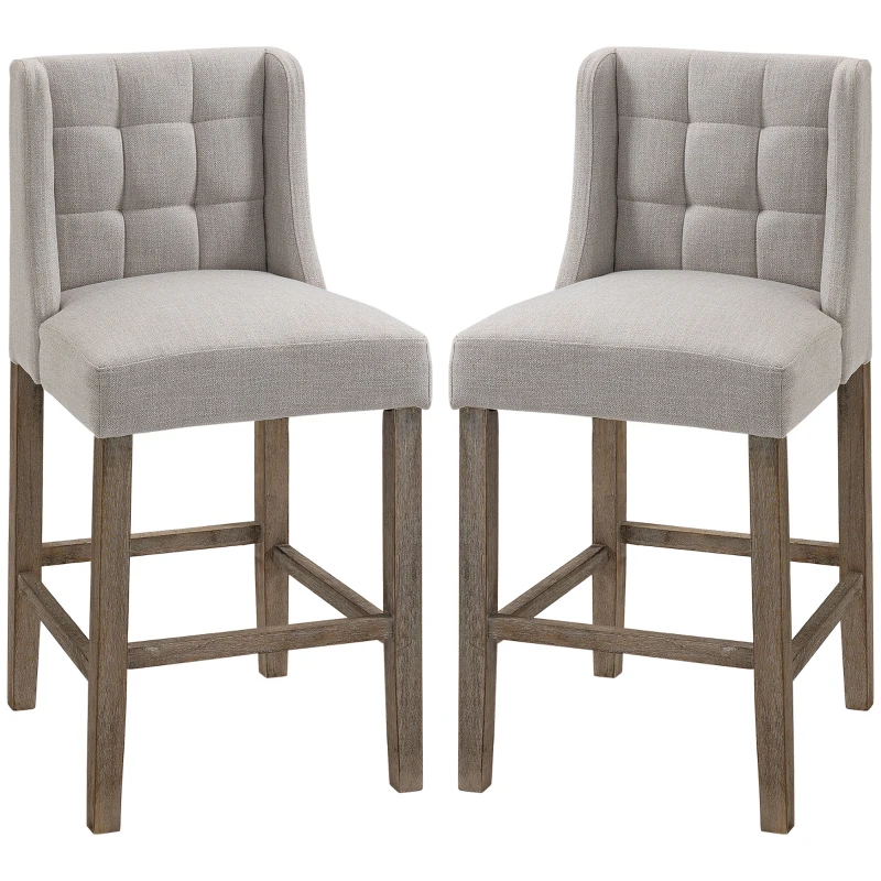 HOMCOM Conjunto de 2 Taburetes de bar con botones madera maciza con reposapiés 47x50x101 cm Gris+ Natural