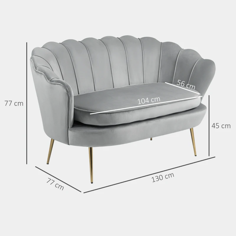 HOMCOM Canapé 2 places en tissu velours en forme de coquillage avec coussin épais de 10 cm pieds dorés effilés gris clair