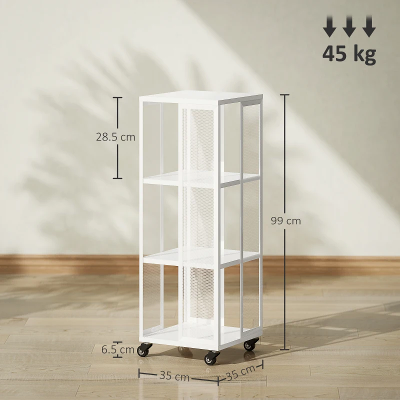 HOMCOM Libreria Moderna a 3 Ripiani in Metallo a Rete con Ruote, 35x35x99 cm, Bianco