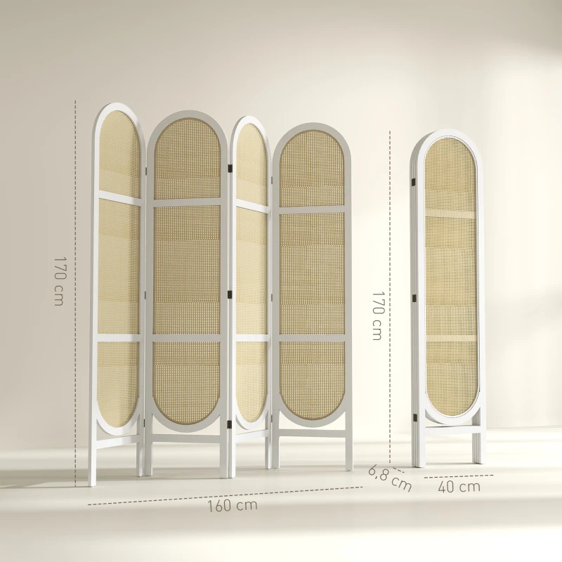 HOMCOM Biombo interior de madera 4 paneles 170x160 cm plegable y portable patrón tejido a mano Blanco
