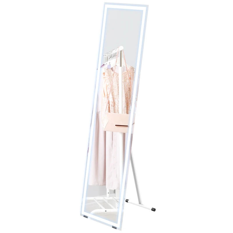 HOMCOM Espejo rectangular de pie de longitud completa con iluminación LED para colocar en la pared o de pie 150x40 cm Blanco