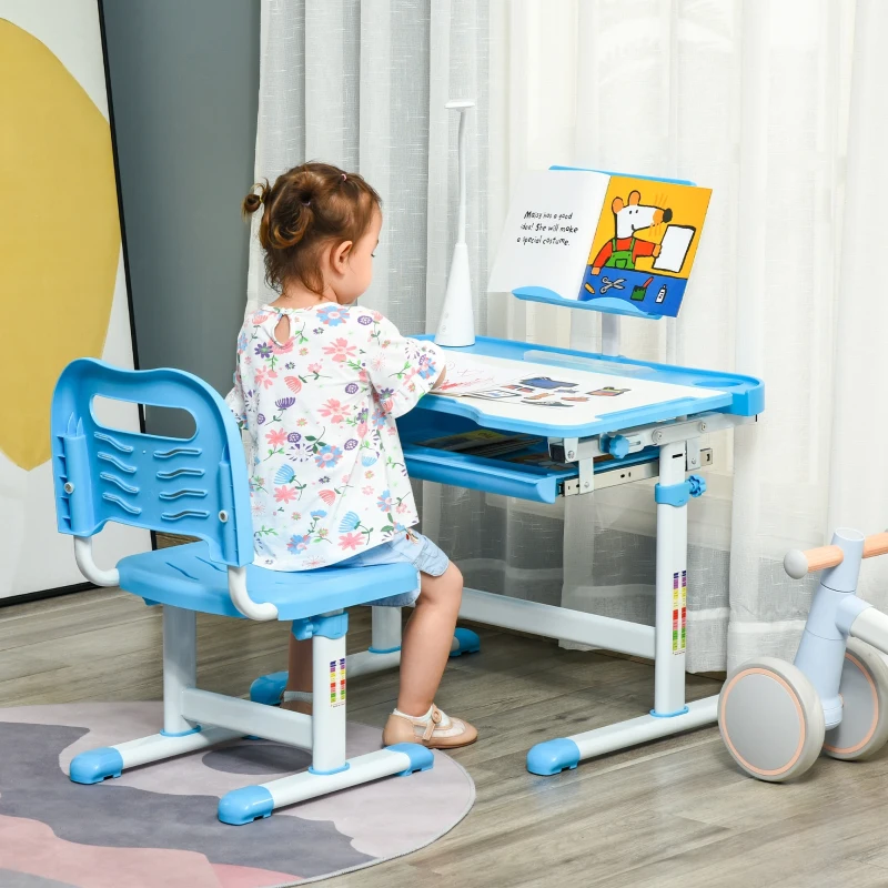 HOMCOM Banco Scuola con Sedia per Bambini 6-12 Anni con Altura e Inclinación Ajustables, Azul