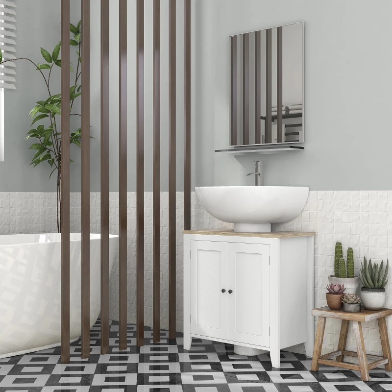 kleankin Mobile Sottolavabo Bagno a U con Ripiano Regolabile Interno, in MDF, 60x30x60 cm, Bianco e color Legno