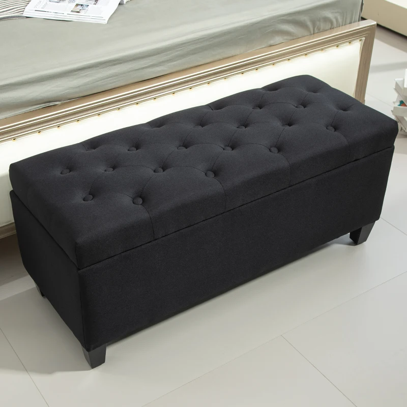 HOMCOM Banco con Almacenamiento Banqueta Baúl poliéster tipo lino Madera de Caucho Negro 100x40x44 cm