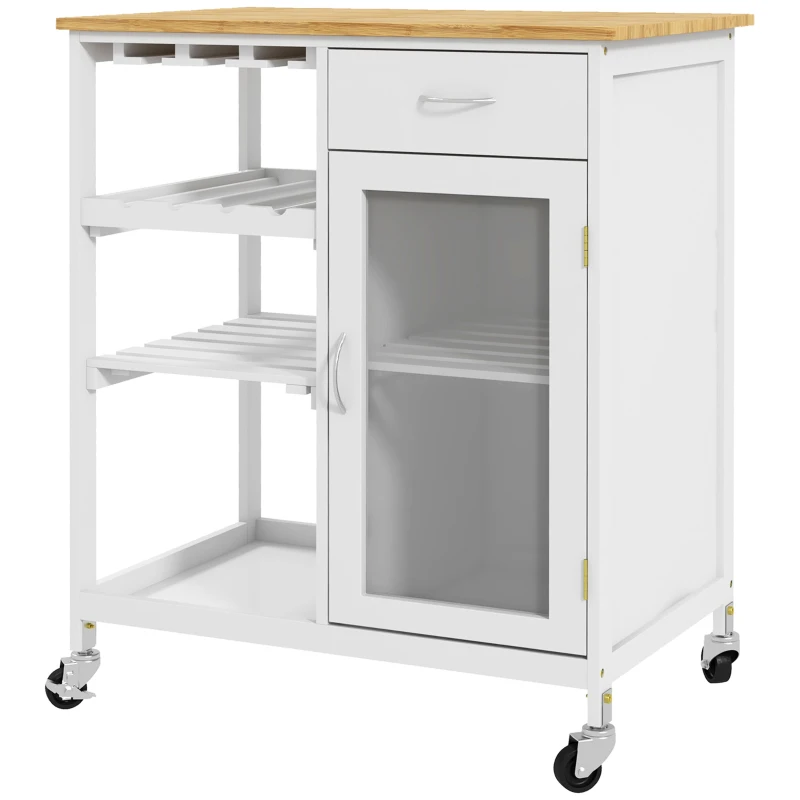 HOMCOM Carrito de servicio carrito de cocina con ruedas multi-almacenamiento armario con puerta portabotellas estantes cajón Blanco