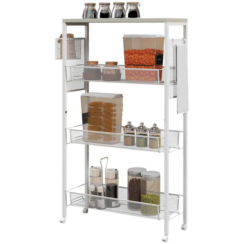 HOMCOM Carrito de Cocina de 3 Niveles con Cesta Lateral y Gancho en Aglomerado y Acero 58x18,5x87 cm