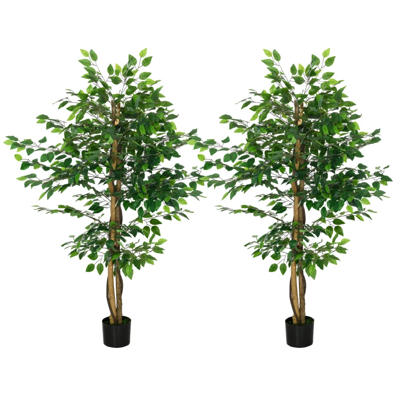 HOMCOM Conjunto de 2 plantas artificiales ficus altura 1,50 m tronco ramas lianas líquen hojas gran realismo maceta incluida Verde
