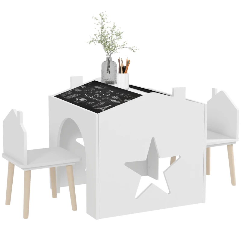 AIYAPLAY Conjunto 1 mesa y 2 silla 3 piezas para niños, tablero de pizarra, MDF y patas de pino, para 3-8 años, Blanco