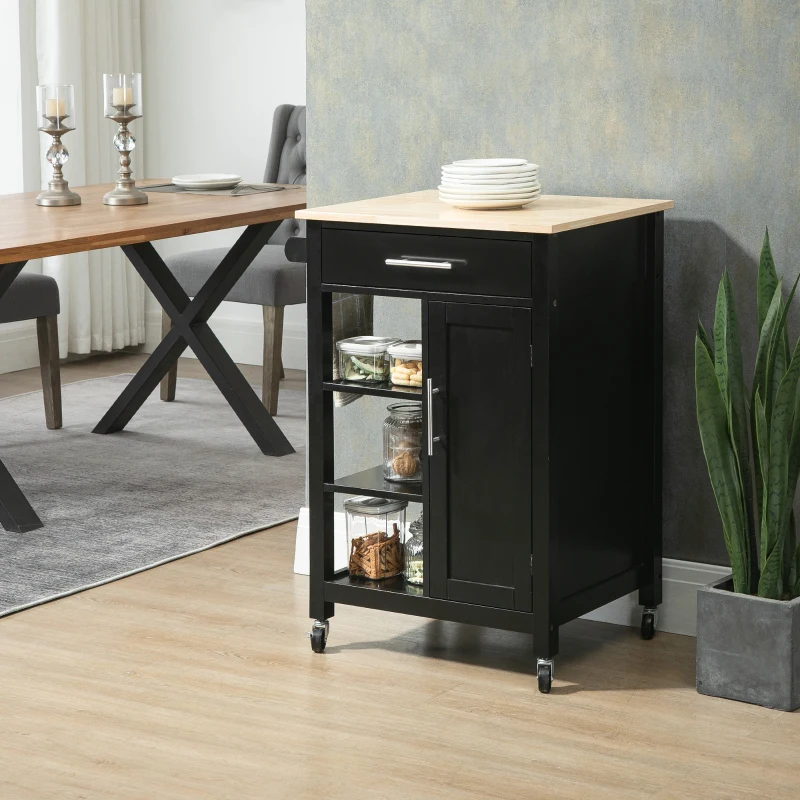 HOMCOM Carrello Da Cucina A Ruote - Stile Contemporaneo, Porta, Cassetto, 3 Ripiani - Maniglie In Metallo - Piano In Legno Di Gomma Nero