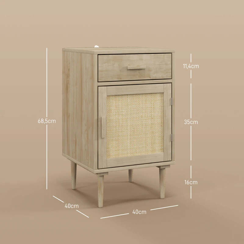 HOMCOM Mesita de Noche con Armario y Estante Puerta Tejida de Ratán + 1 Cajón Diseño Bohemio - 40x40x68,5 cm Natural