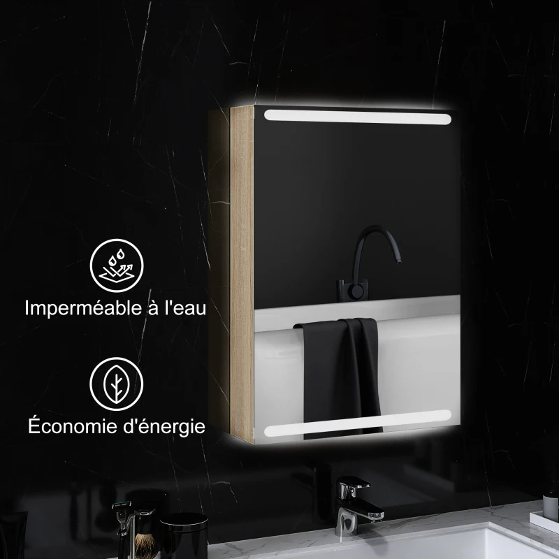 HOMCOM Armario mural baño con espejo iluminación LED y estantes de vidrio ajustables 50x12,5x70 cm Madera Natural