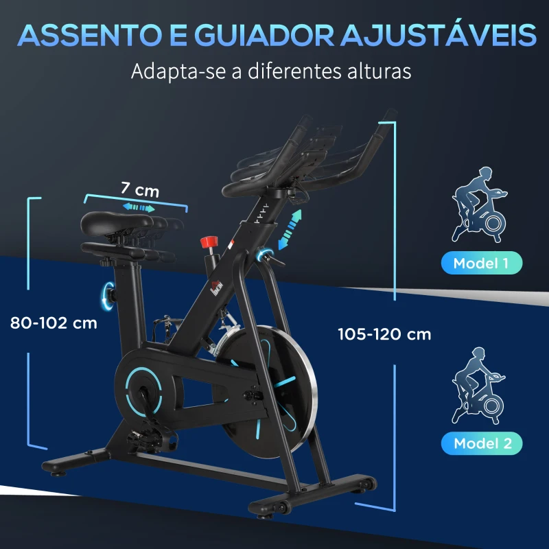 HOMCOM Bicicleta Estática com Volante de Inércia de 6,5kg Bicicleta Fitness com Assento e Guiador com Altura Ajustável Ecrã LCD e Rodas para Casa 110x52x105x120cm Preto
