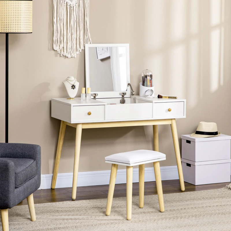HOMCOM Conjunto de coiffeuse con taburete espejo plegable estilo escandinavo 2 cajones 100x45x118 cm Blanco