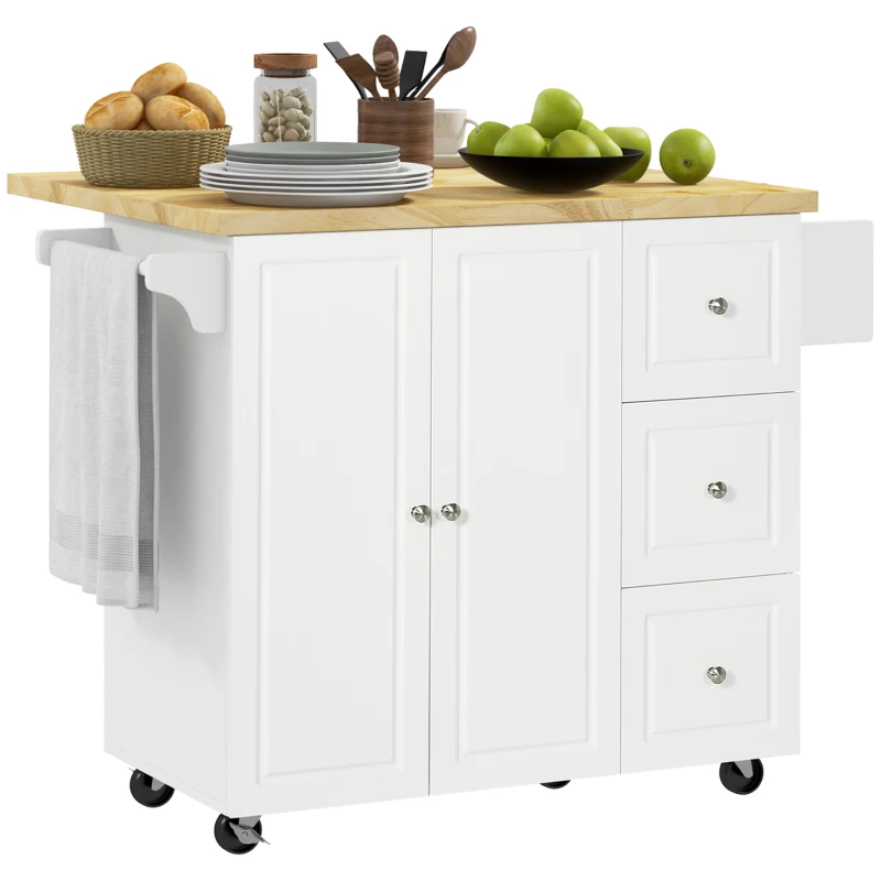 HOMCOM Isola da Cucina con Piano di Lavoro Ribaltabile, 3 Cassetti, 1 Armadio, Porta Strofinacci e Porta Spezie, 111,5 x 75 x 89 cm, Bianco