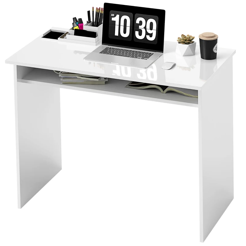 HOMCOM Escritorio de ordenador sobrio y compacto con 1 estante paneles de partículas 90x50x74 cm Blanco lacado