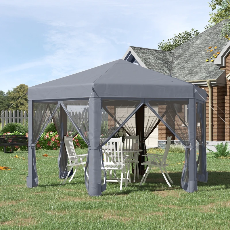 Outsunny 3.2m Pop Up Gazebo Hexagonal Canopy Tent for Outdoor Sun Protection, Includes Mesh Sidewalls and Handy Bag, Grey