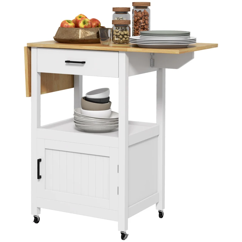 HOMCOM Carrito de servicio carrito de cocina con ruedas Mueble de Almacenamiento mesa plegable cajón estante y armario