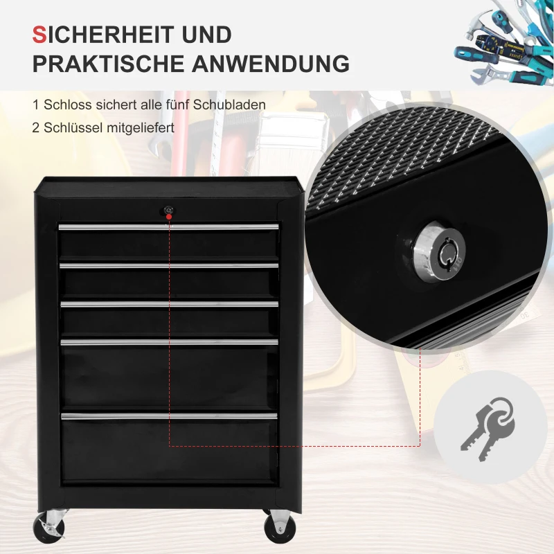 HOMCOM Werkzeugschrank, Werkzeugkiste, 5 Schubladen, rollbar, Stahl, Schwarz(m-4)